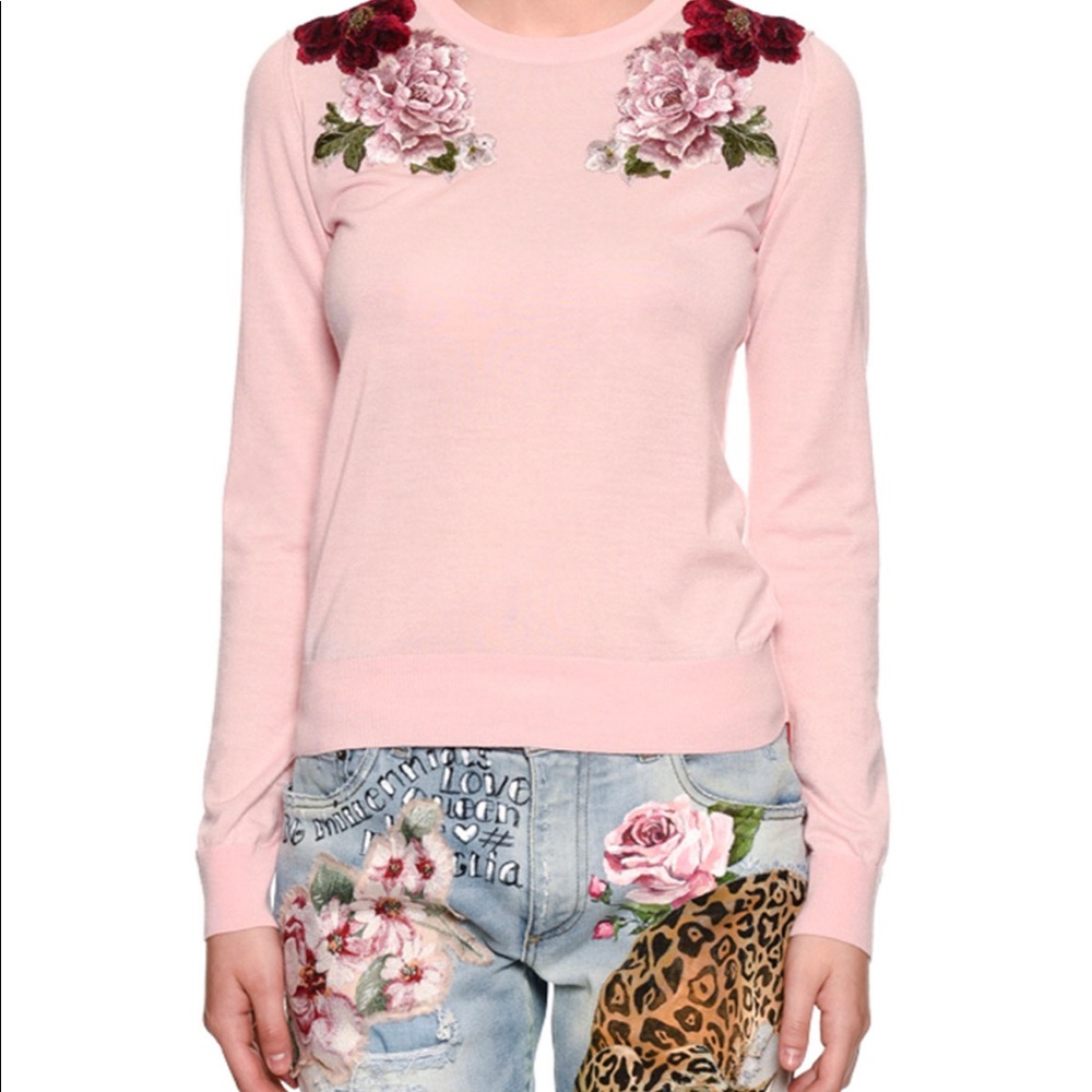 Dolce & Gabbana Pink Rose Applique Cashmere Pullover size 40